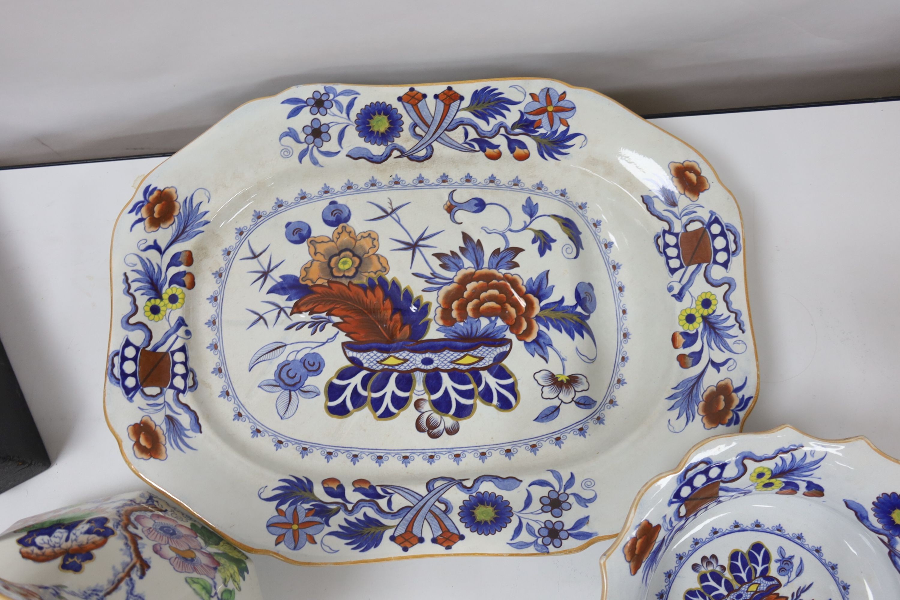 A19th century Ironstone meat platter, jug and 2 tureens, meat platter 48 cms wide.